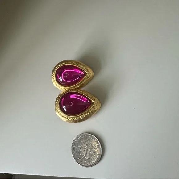 Rare Vintage Gem-Craft Statement Pink Crystal & Gold Signed Clip On Earrings - Picture 5 of 11